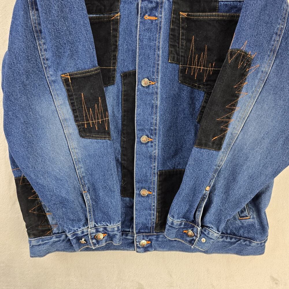 VTG Boom X Jean Jacket Mens XL Blue Denim Corduroy Patchwork Trucker Y2K FLAWS - Picture 4 of 15